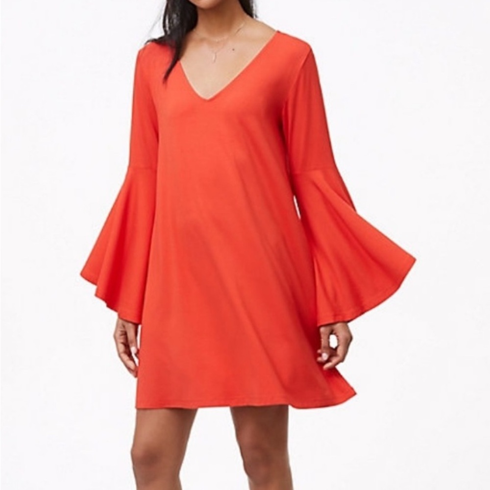 LOFT Vibrant Red Orange Long Flare Sleeve Knit Dress Size Large